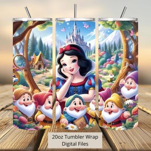 3D Princess White Snow en Dwergen Tumbler Wrap, Princess Tumbler Wrap Sublimatie Ontwerp PNG, 20oz Skinny Rechte & Taps Toelopende Tumbler Wrap