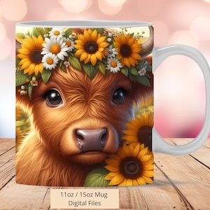 Taza 3D con diseño de vaca de las Tierras Altas y girasol, diseño de sublimación PNG, taza 3D con diseño de vaca de las Tierras Altas de 325 y 480 ml, PNG digital instantáneo