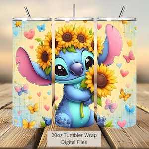 Envoltura para vaso con girasoles 3D Stitch, diseño de sublimación de envoltura para vaso con flores Stitch PNG, envoltura para vaso con puntada recta y cónica delgada de 20 oz