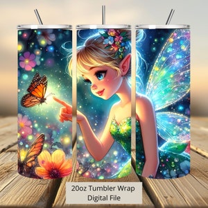 3D Fee Schmetterling Tumbler Wrap, Prinzessin Tumbler Wrap Sublimation Design PNG, 20oz Skinny Straight & Tapered Tinkerbell Tumbler Wrap