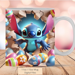 3D Cute Stitch Cracked Hole Eggs Easter Mug Wrap, 3D Mug Wrap Sublimation Design PNG, Mug 11oz and 15oz Stitch Mug Wrap, Only Digital Files