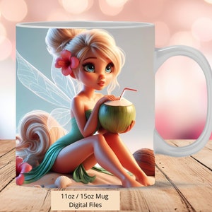 3D Cute Fairy Tink Summer Coconut Mug Wrap, 3D Princess Mug Wrap Sublimation Design PNG, Mug 11oz and 15oz TinkerBell Mug Wrap