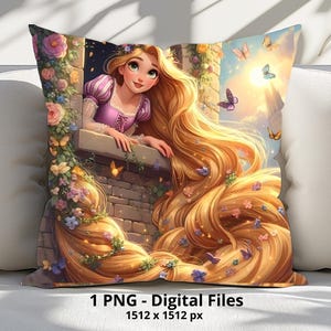 1 PNG Cute Princess Rapunzel Long Hair for Pillow, Digital Design file for Pillow Sublimation, High Resolution, Digital PNG Instant Download