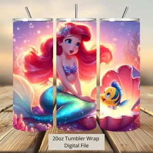 3D Niedliche Nermaid Ariel und Fisch Tumbler Wrap, Princess Tumbler Wrap Sublimation Design PNG, 20oz Skinny Straight & Tapered Ariel Tumbler Wrap