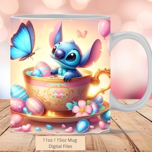 3D Cute Stitch Cup Easter Butterfly Mug Wrap, 3D Mug Wrap Sublimation Design PNG, Mug 11oz and 15oz Stitch Mug Wrap, Digital PNG Download
