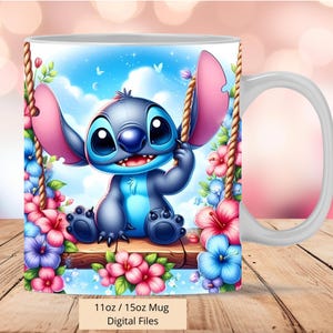 3D Niedliche Stitch Swing Blumen Tassenverpackung, 3D Tassenverpackung Sublimation Design PNG, Tasse 11oz und 15oz Stitch Neon Tassenverpackung, Nur digitale Dateien