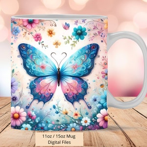 Cute Butterfly and flowers Mug Wrap, 3D Mug Wrap Sublimation Design PNG, Mug 11oz and 15oz Butterfly colorful Mug Wrap