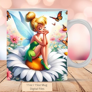 3D Tinkerbell in Daisy Mug Wrap, 3D Princess Mug Wrap Sublimation Design PNG, Mug 11oz and 15oz Cute Fairy Mug Wrap, Digital Files png