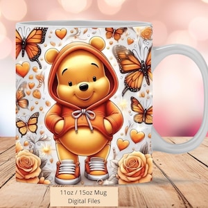 3D Winnie the Pooh Herbstblumen Tassenverpackung, 11oz & 15oz Tassenvorlage, Tassensublimationsdesign, 3D-Tassenverpackungsvorlage, Instant Digital PNG