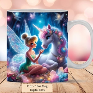 3D Cute Fairy and Unicorn Mug Wrap, 3D Mug Unicorn Wrap Sublimation Design PNG Mug 11oz and 15oz Princess TinkerBell Mug Wrap, Digital Files