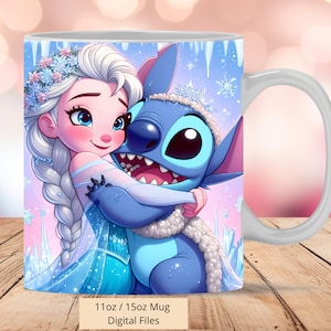 3D Elsa Love Stitch Mug Wrap, 3D Stitch Mug Wrap Sublimation Design PNG, Mug 11oz and 15oz Frozen Mug Wrap