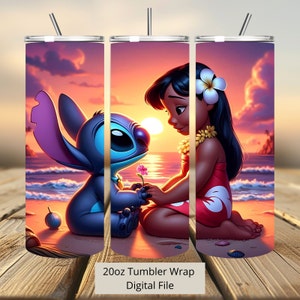 3D Lilo and Stitch Beach Tumbler Wrap, Stitch Wrap Sublimacja PNG, 20 uncji Chudy prosty i zwężany Lilo Tumbler Wrap