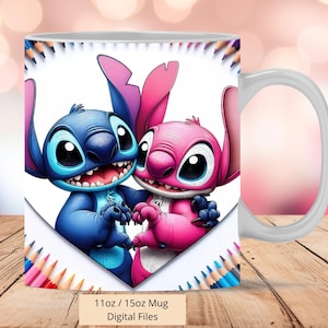 3D Cute Angel and Stitch School Mug Wrap, 3D Mug Wrap Sublimation Design PNG, Mug 11oz and 15oz Stitch, Mug Wrap, Only Digital Files