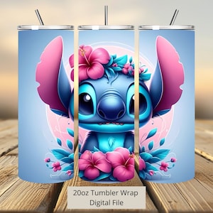 3D Stitch bloemen Tumbler Wrap, 20oz Tumbler, Cartoon Tumbler Wrap, Stitch aquarel ontwerp Png, Tumbler sublimatie, digitaal bestand Png