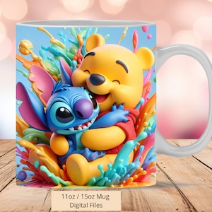 3D Winnie Pooh und Stitch Tassenverpackung, 11oz & 15oz Tassenvorlage, Tassensublimationsdesign, 3D Stitch Tassenverpackung, Vorlage sofortiger digitaler Download