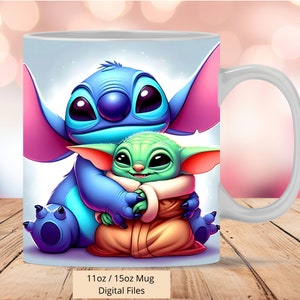3D Stitch and Yoda Mug Wrap, 3D Stitch Mug Wrap Sublimation Design PNG, Mug 11oz and 15oz Yoda Mug Wrap