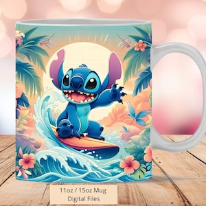 3D Niedliche Stitch Summer Surf Tassenhülle, 3D Stitch Tassenhülle Sublimation Design PNG, Tasse 11oz und 15oz Stitch Tassenhülle, Sofortige digitale Dateien