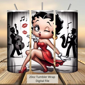 3D Cute Betty Boop Kiss and Music Tumbler Wrap, Betty Tumbler Wrap Sublimation Design PNG, 20oz Skinny Straight & Tapered Love Tumbler Wrap