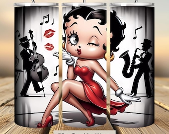 3D Cute Betty Boop Kiss and Music Tumbler Wrap, Betty Tumbler Wrap Sublimation Design PNG, 20oz Skinny Straight & Tapered Love Tumbler Wrap