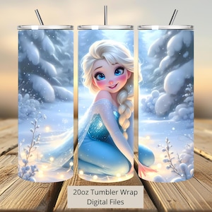 3D schattige Elsa Snow Shine Tumbler Wrap, Frozen Tumbler Wrap Sublimatie Design PNG, 20oz Skinny Straight & Taps toelopende Princess Tumbler Wrap