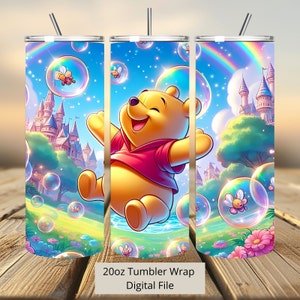 3D Winnie Pooh Tumbler Wrap, Winnie Pooh Bubbles Tumbler Wrap Sublimation Design PNG, 20oz Skinny Straight & Tapered Bubbles Tumbler Wrap
