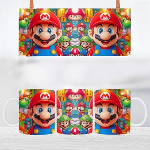 Pode incluir: Tr&ecirc;s canecas de cer&acirc;mica branca com um design colorido que apresenta Mario e outros personagens da franquia de videogames Super Mario Bros. As canecas s&atilde;o impressas com um padr&atilde;o repetitivo de Mario, Luigi, Toad e outros personagens.