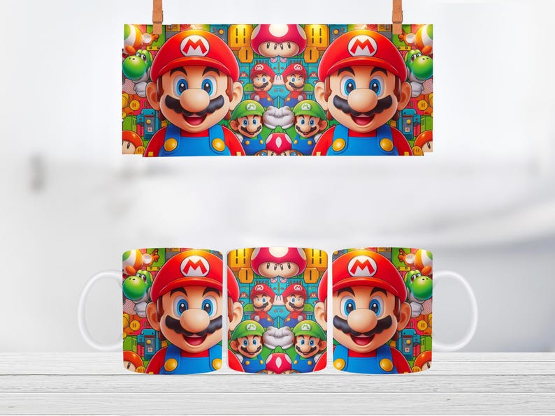 Pode incluir: Tr&ecirc;s canecas de cer&acirc;mica branca com um design colorido que apresenta Mario e outros personagens da franquia de videogames Super Mario Bros. As canecas s&atilde;o impressas com um padr&atilde;o repetitivo de Mario, Luigi, Toad e outros personagens.