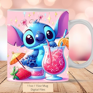 3D Cute Stitch Summer Drink Fruit Mug Wrap, 3D Stitch Mug Wrap Sublimation Design PNG, Mug 11oz and 15oz Stitch Mug Wrap, Digital files