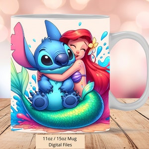 3D Ariel and Stitch Mug Wrap, 3D Stitch Mug Wrap Sublimation Design PNG, Mug 11oz and 15oz Princess Mug Wrap