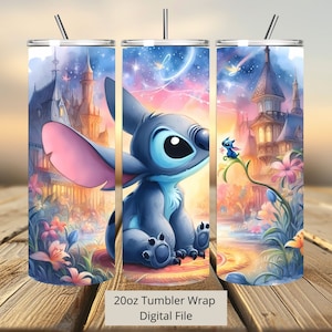 3D schattige Stitch bloemen Tumbler Wrap, 20oz Tumbler, Cartoon Tumbler Wrap, Stitch aquarel ontwerp Png, Tumbler sublimatie, digitaal bestand Png