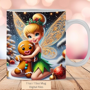 3D Cute Princess Tinkerbell Ginger Christmas Mug Wrap, 3D Christmas Mug Wrap Sublimation Design PNG, Mug 11oz and 15oz TinkerBell Mug Wrap