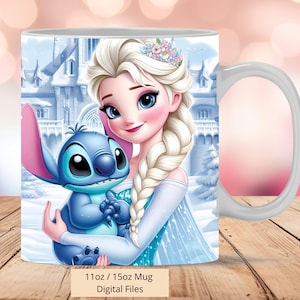 3D Elsa Love Stitch Mug Wrap, 3D Frozen Mug Wrap Sublimation Design PNG, Mug 11oz and 15oz Stitch Mug Wrap