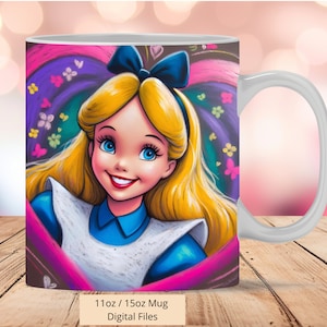 Opakowanie na kubek 3D Heart Alicja w Krainie Czarów, opakowanie na kubek 3D Sublimacja Design PNG, kubek 11 uncji i 15 uncji Opakowanie na kubek Princess Princess