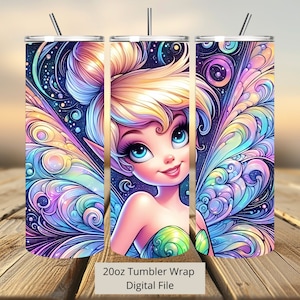 3D Cute Fairy Colorful Tumbler Wrap, Princess Tumbler Wrap Sublimation Design PNG, 20oz Skinny Straight & Tapered Tinkerbell Tumbler Wrap