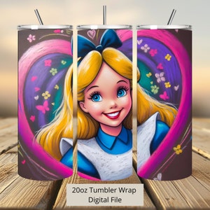 3D Heart Alice in Wonderland Tumbler Wrap, Princess Tumbler Wrap Sublimacja Design PNG, 20 uncji Skinny Straight & Tapered Alice Tumbler Wrap