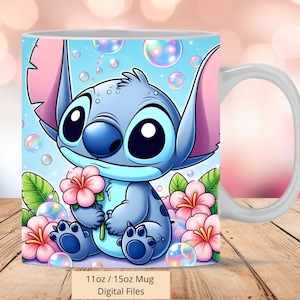 3D Cute Stitch Flowers and Bubbles Mug Wrap, 3D Mug Wrap Sublimation Design PNG, Mug 11oz and 15oz Stitch Mug Wrap, Only Digital Files