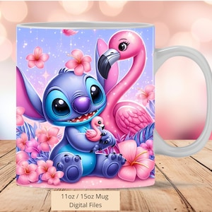 3D Stitch Flamingo Flowers Mug Wrap, 3D Mug Wrap Sublimation Design PNG, Mug 11oz and 15oz Cute Stitch Love Mug Wrap