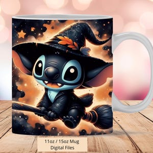 3D schattige Stitch Halloween bezem mok wrap, 3D mok Halloween wrap sublimatie ontwerp PNG, mok 11oz en 15oz Stitch mok wrap, alleen digitale bestanden