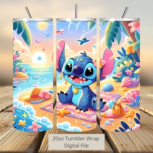 3D Stitch Summer Tumbler Wrap, 20oz Tumbler, Cartoon Tumbler Wrap, Stitch Aquarel Ontwerp Png, Tumbler Sublimatie, Digitaal Bestand Png