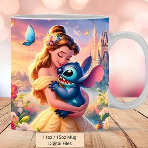 3D Beautifull Princess Stitch Mug Wrap, 3D Mug Wrap Sublimation Design PNG, Mug 11oz and 15oz Belle Mug Wrap