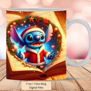 3D Cute Stitch Christmas Book Mug Wrap, 3D Mug Wrap Sublimation Design PNG, Mug 11oz and 15oz Stitch Mug Wrap, Only Digital Files