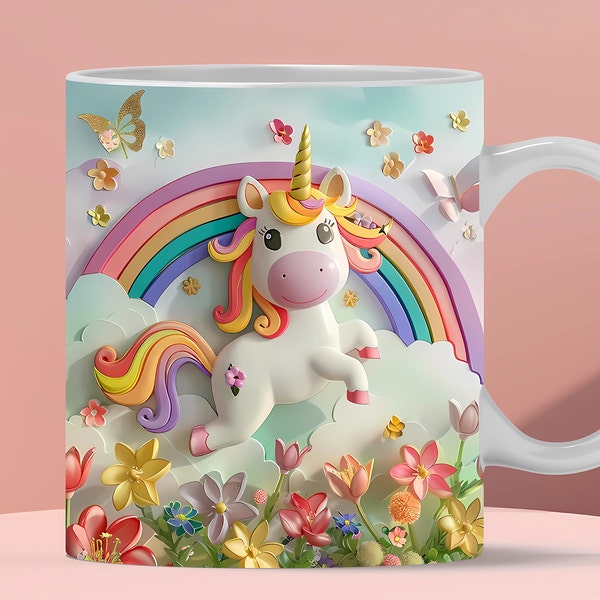 3D Unicorn Rainbow Mug Wrap, 3D Mug Wrap Sublimation Design PNG, Mug 11oz and 15oz Unicorn Mug Wrap