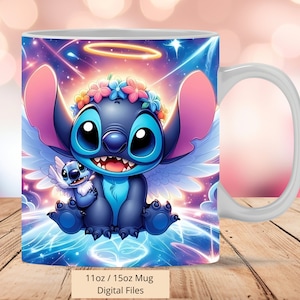 Enveloppe de tasse 3D mignonne avec point angélique, conception de sublimation d'enveloppe de tasse 3D PNG, enveloppe de tasse Stitch 11 oz et 15 oz