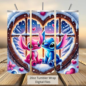 3D Love Angel and Stitch Tumbler Wrap, Angel Tumbler Wrap Sublimation Design PNG, 20oz Skinny Straight & Tapered Stitch Tumbler Wrap