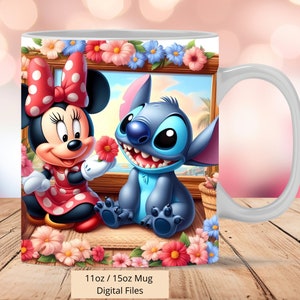 3D Mouse and Stitch Mug Wrap, 3D Minnie Mug Wrap Sublimation Design PNG, Mug 11oz and 15oz Stitch Mug Wrap, Instant Digital PNG Download