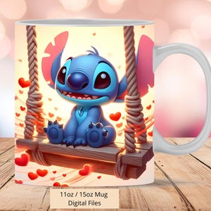 3D Cute Stitch Swing Hearts Mug Wrap, 3D Mug Wrap Sublimation Design PNG, Mug 11oz and 15oz Stitch Mug Wrap, Instant Digital Files Png
