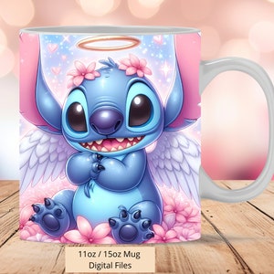 3D Angel Stitch Mok Wrap, 3D Stitch Bloemen Mok Wrap Sublimatie Ontwerp PNG, Mok 11oz en 15oz Stitch Bloemen Mok Wrap