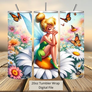 3D Fee in Gänseblümchen Tumbler Wrap, Prinzessin Tumbler Wrap Sublimation Design PNG, 20oz Skinny Straight & Tapered Tinkerbell Tumbler Wrap