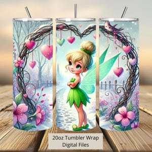 3D schattige Tinkerbell Hearts Tumbler Wrap, Valentine Tumbler Wrap Sublimatie Design PNG, 20oz Skinny Straight & Taps toelopende Fairy Tumbler Wrap