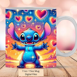 3D Cute Stitch Sunset Hearts Mug Wrap, 3D Valentine Mug Wrap Sublimation Design PNG, Mug 11oz and 15oz Stitch Mug Wrap, Only Digital Files
